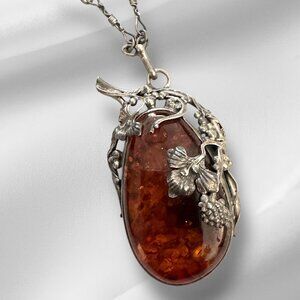 Vintage Glowing Baltic Amber Stone Pendant 925 Marked Silver 22 inch Chain
